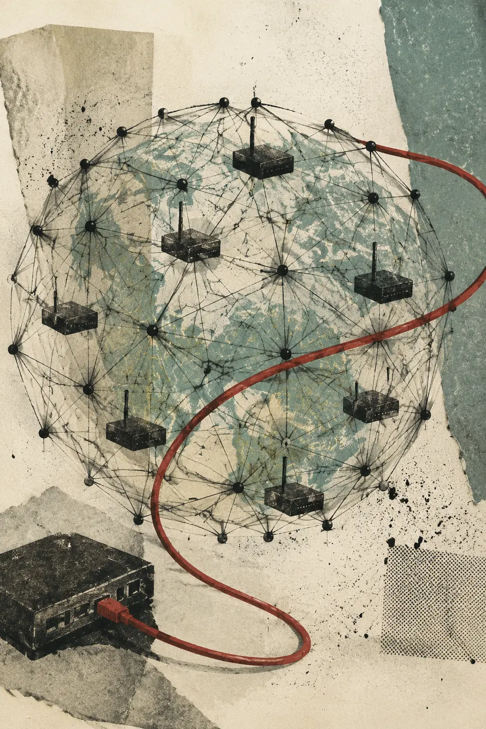 计算机网络主题的纸质拼贴插画